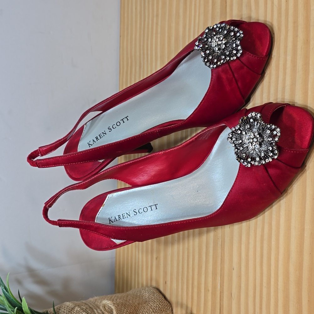 Womens Red Slingback Peep Toe Bling Heels Sz 6m - Picture 9 of 9